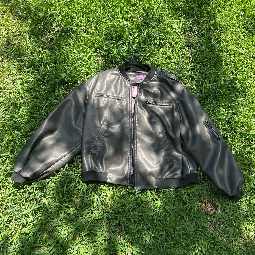 Edikted Vava Washed Gray Faux Leather Bomber Jacket